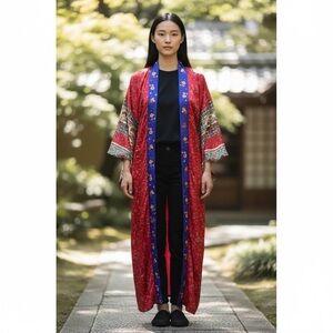 Beautiful Cabernet Red Blue Paisley Embroidered Kimono